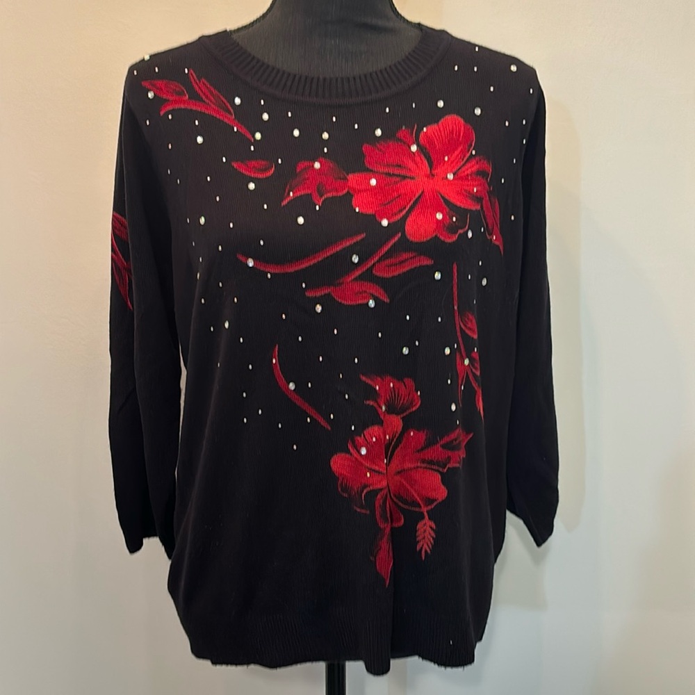 Rebecca Malone Women’s XL Black Sweater Red Flowers Long Sleeve Crew‎ Rhinestone